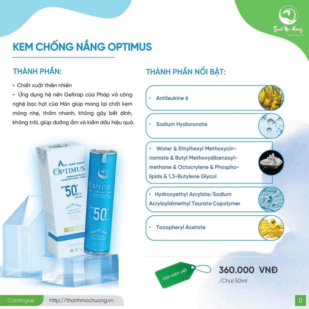 Kem Chống Nắng Thanh Mộc Hương Optimus Anti Shine Chống Trôi Dưỡng Da Nâng Tone SPF50+ PA++++ UVA/UVB 50ml