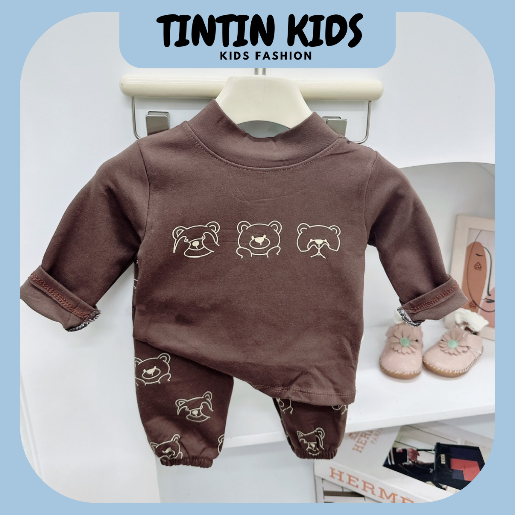 Bộ zip Lông Hàn in hình chú gấu dày ấm cho bé, bộ đồ cho bé 6-15kg
