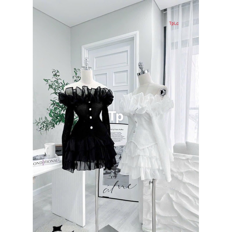 Sét áo trễ vai tay dài + chân váy tơ ❤️