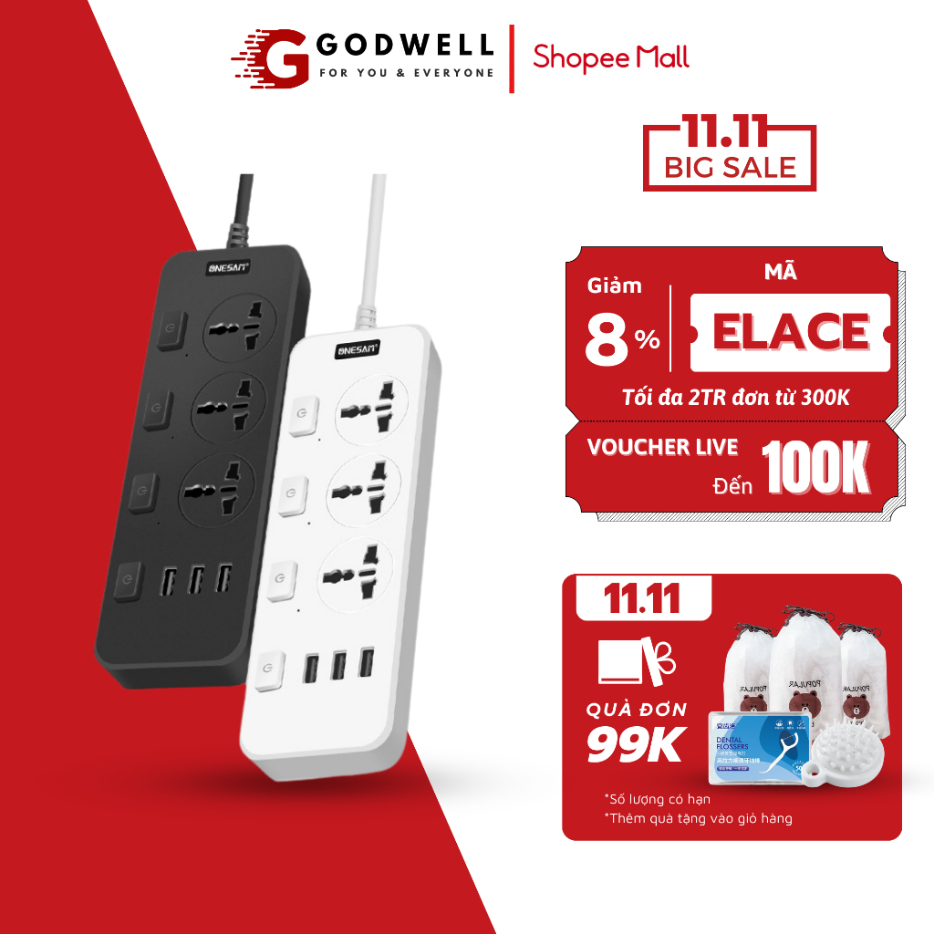 Ô cắm điện 3 ổ cắm, 3 USB GODWELL loại cao cấp