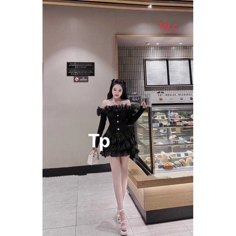 Sét áo trễ vai tay dài + chân váy tơ ❤️