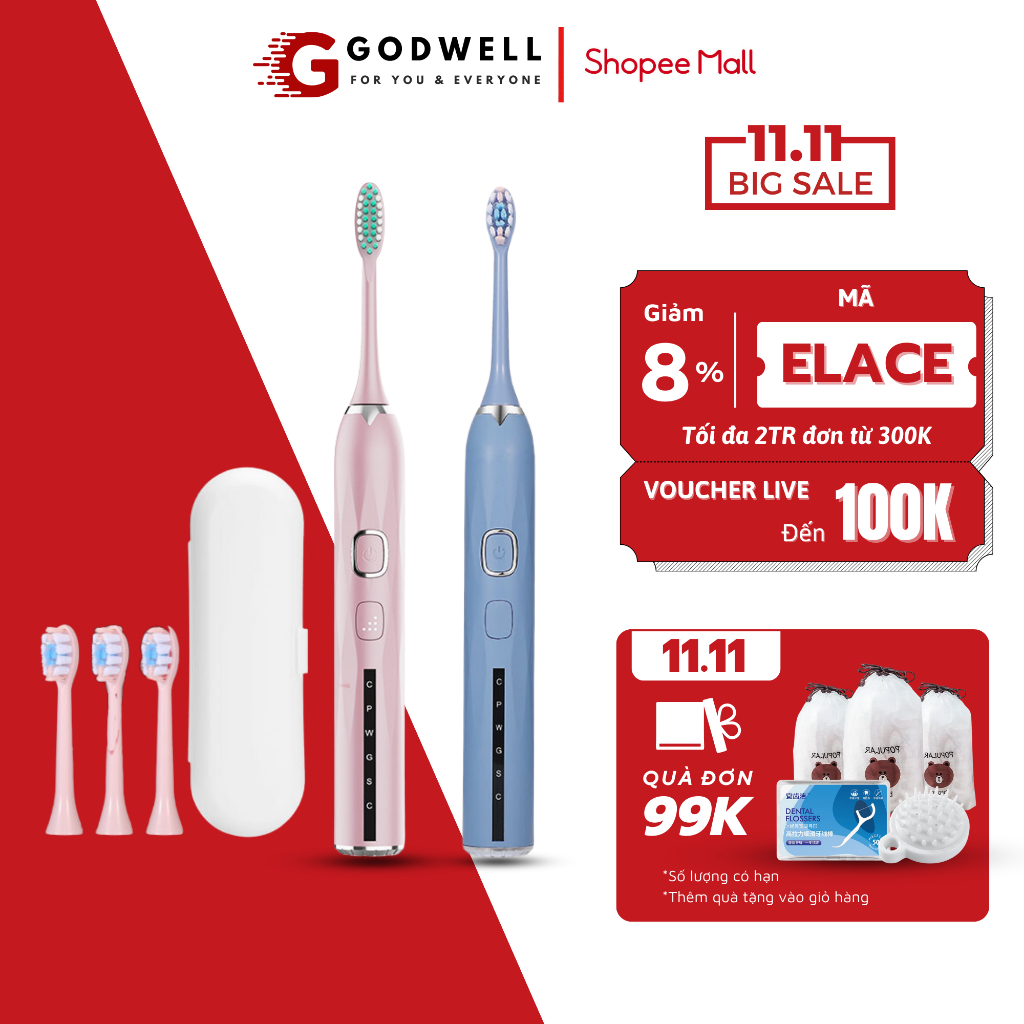Bàn Chải Điện Đánh Răng GODWELL Tặng 3 Đầu Bàn Chải Mềm Mại Công Nghệ Chống Thấm Nước IPX7 - BCD07