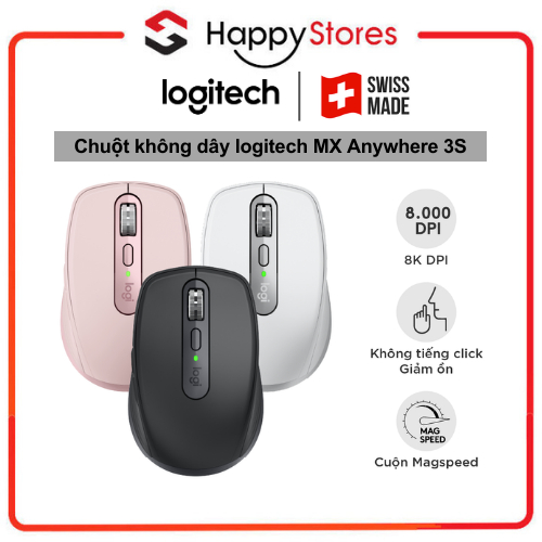 Chuột không dây Logitech MX Anywhere 3S Silent -Cuộn nhanh, 8000DPI, Sạc USB C, Bluetooth - Hàng chính hãng
