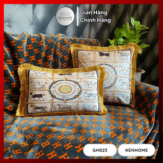 Gối tựa lưng sofa con ngựa Her.mes, gối tựa sofa cao cấp tông đỏ vàng sang trọng, 45x45cm, 45cm, KENHOME