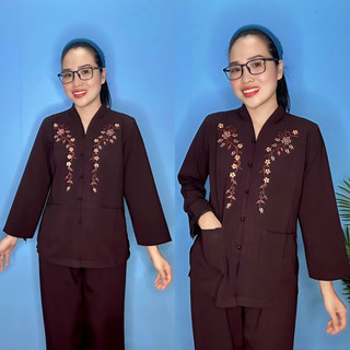 Đồ lam đi chùa nữ bigsize - bà lai thêu vải silk mềm mịn