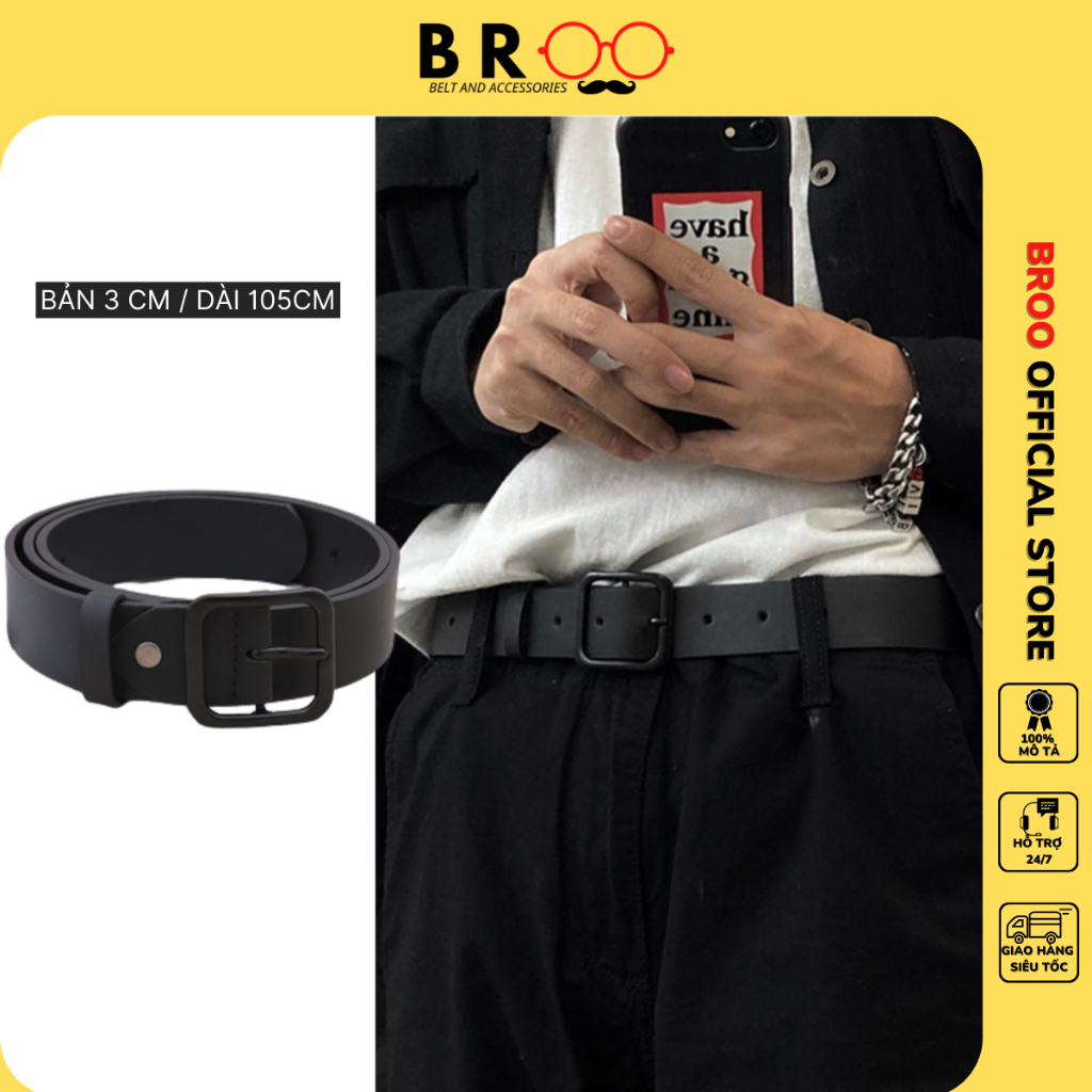 Thắt lưng BROO mặt vuông đen unisex phong cách basic, dây nịt lưng da pu bản 3cm cho nam nữ