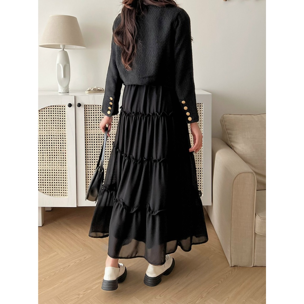 Chân Váy Bèo Tầng Voan Trơn ROMANTIC Quảng Châu, Dáng Vintage Nữ, Full 2 Màu, Loại 1