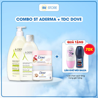 Combo giảm mụn lưng sữa tắm aderma 500ml & 750ml và tẩy da chết dove lựu & maca bản đức