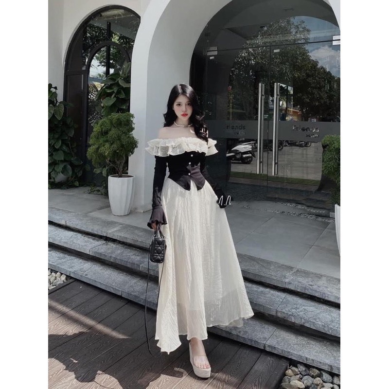 Set Váy Áo Trần Vai Viền Bèo Kèm Chân Váy Lụa Voan Quảng Châu, Trendy Nữ, Chất Liệu Siêu Sịn Loại 1