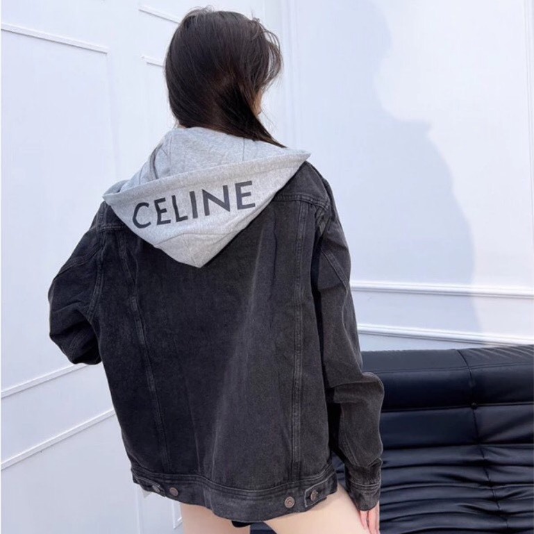 Áo khoác Jean mũ thêu CEL phong cách hàn quốc basic
