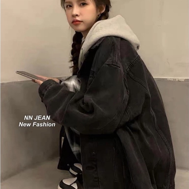 Áo khoác Jean mũ thêu CEL phong cách hàn quốc basic