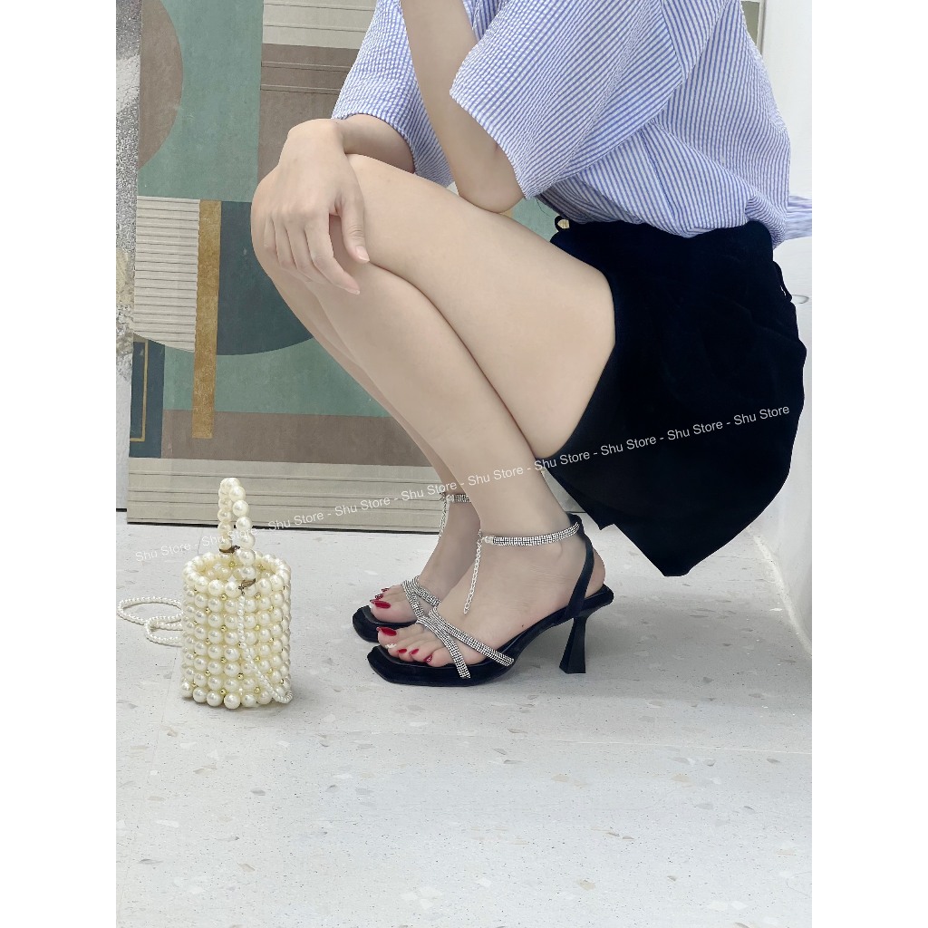 Sandal cao gót Shu Store xăng đan đính đá đế cao 7cm và 10cm đi tiệc thời trang nữ xinh xắn cho nàng