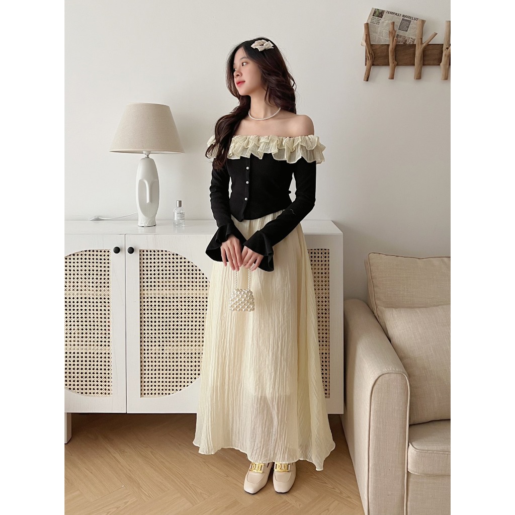 Set Váy Áo Trần Vai Viền Bèo Kèm Chân Váy Lụa Voan Quảng Châu, Trendy Nữ, Chất Liệu Siêu Sịn Loại 1