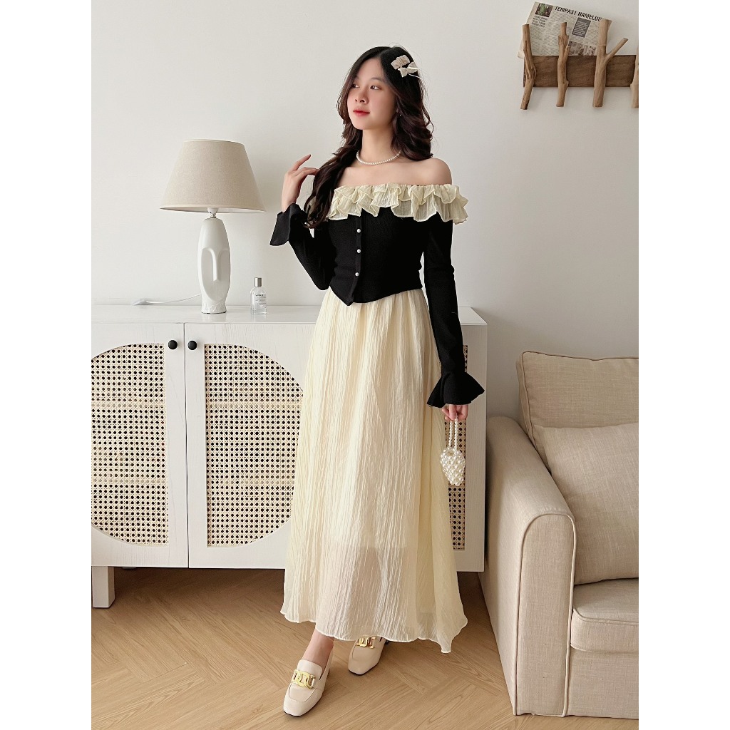 Set Váy Áo Trần Vai Viền Bèo Kèm Chân Váy Lụa Voan Quảng Châu, Trendy Nữ, Chất Liệu Siêu Sịn Loại 1