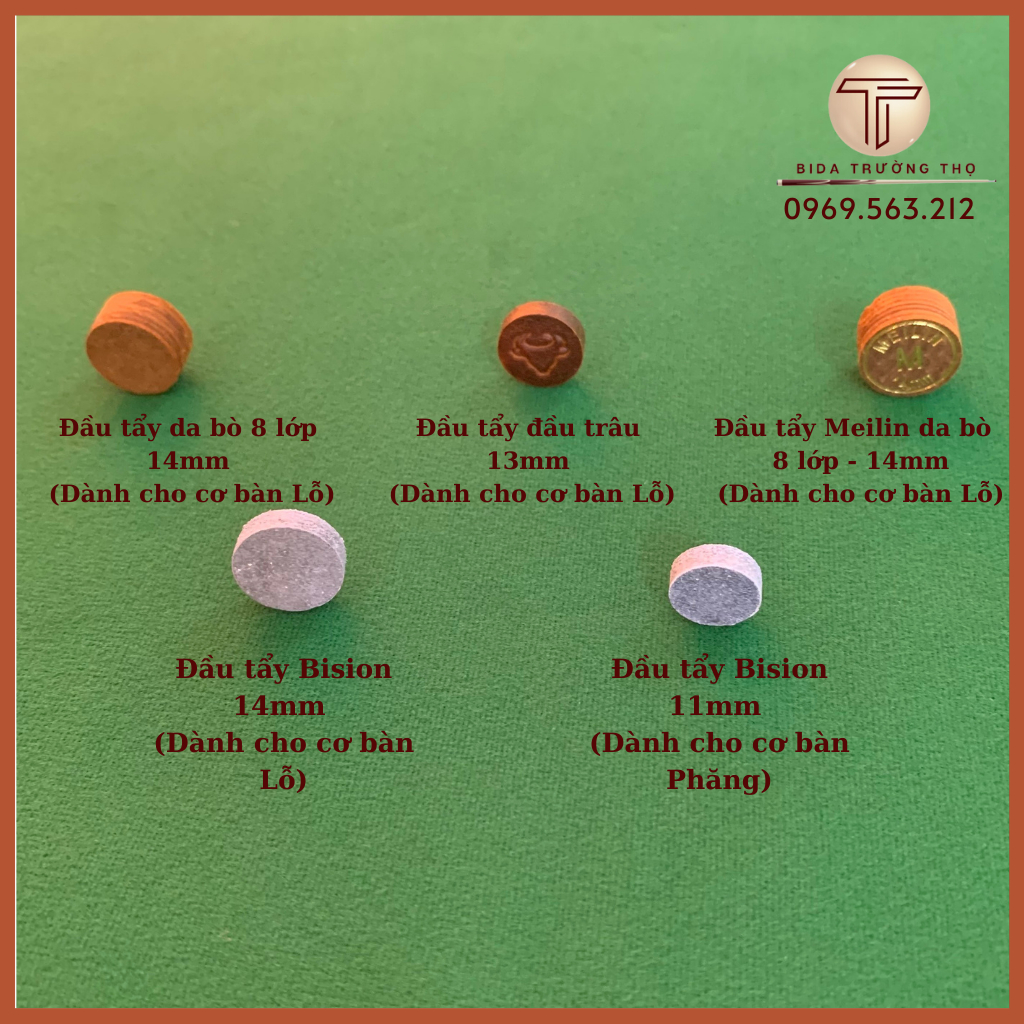 Đầu Cơ Bida Cho CLB- Đầu Tẩy Bida Meilin- Da Bò 8 lớp- Da Trâu- Bision  Trường Thọ.