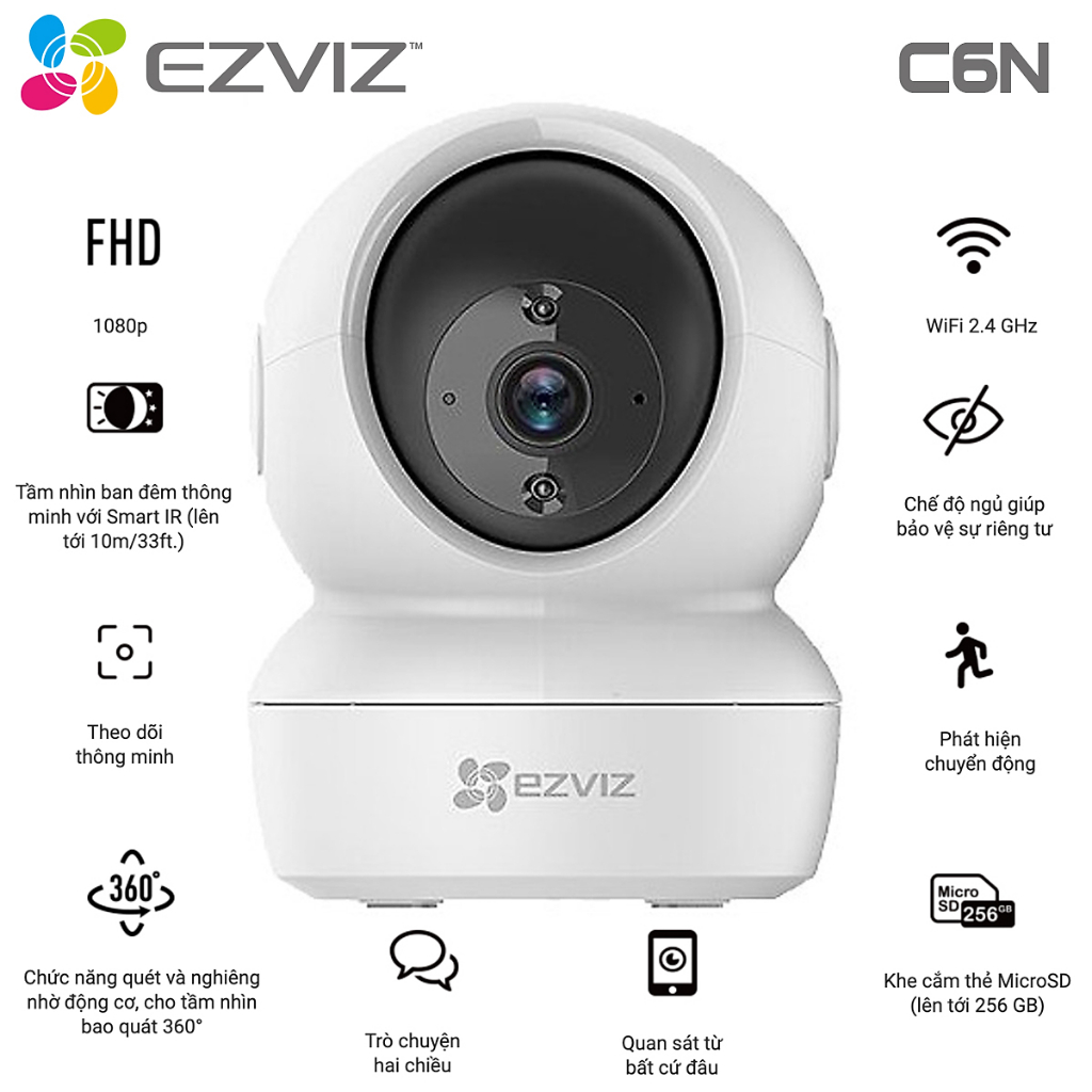 Camera Wifi EZVIZ C6N 2MP 1080P Xoay 360 Độ, CS-C6N Đàm Thoại 2 Chiều - Phát Hiện Chuyển Động - C6N 