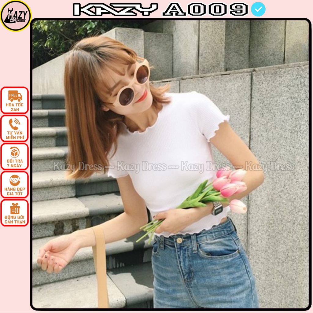 Áo thun cổ tròn viền bèo chất tăm phong cách Hàn Quốc KAZY DRESS A009