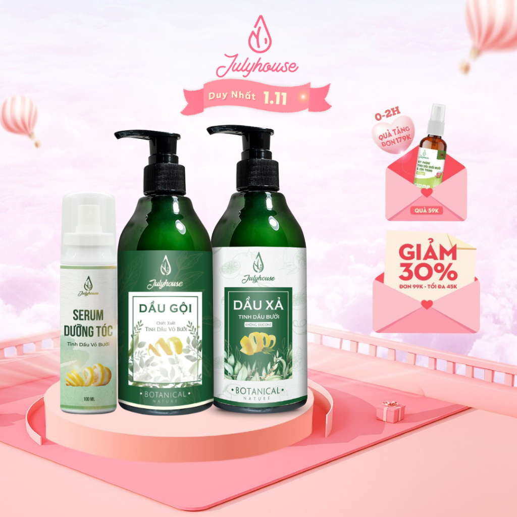 Combo gội xả Julyhouse 300ml tinh dầu Bưởi cho mái tóc chắc khoẻ bóng mượt