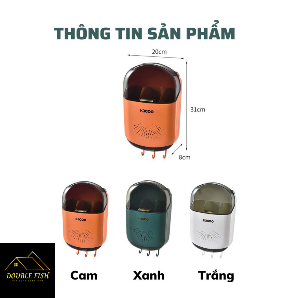 Hộp đựng đũa muỗng treo tường thoáng khí ngăn ẩm mốc, có nắp đậy chống bụi | Tích hợp móc treo | Double Fish