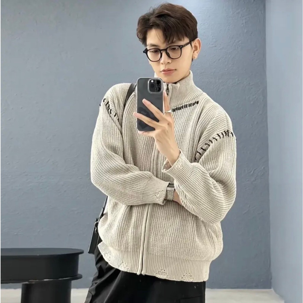 Áo khoác len organic dệt kim xám tiran jacket kint