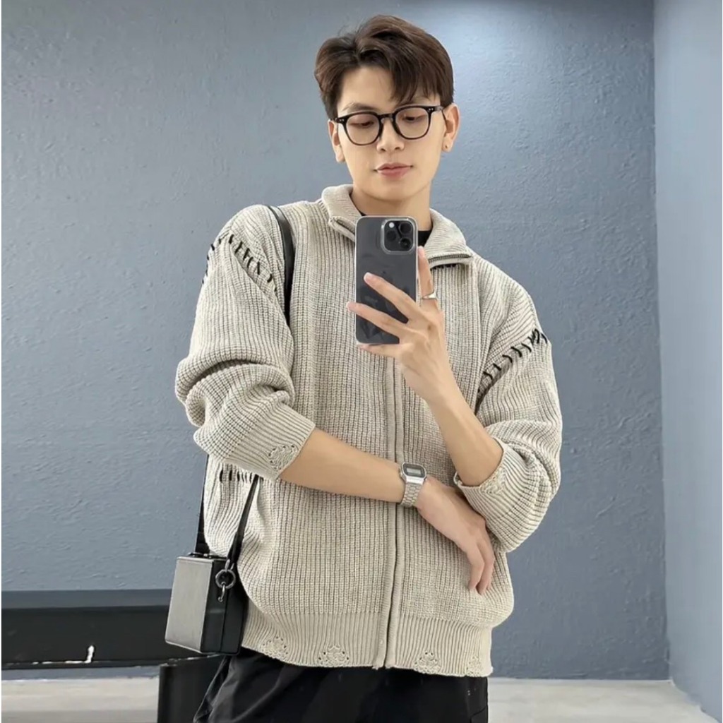 Áo khoác len organic dệt kim xám tiran jacket kint