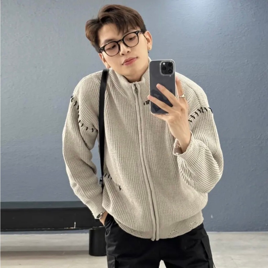 Áo khoác len organic dệt kim xám tiran jacket kint