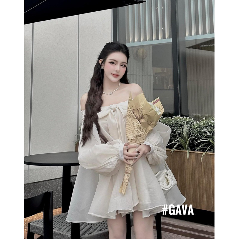 Váy babydoll trễ vai kèm nơ form xoè rộng bazizcloset