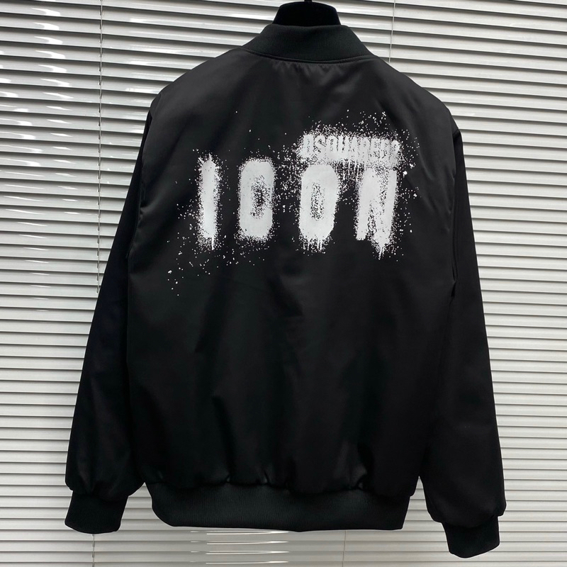 Áo khoác bomber gió nam nữ Dsq2 zip đen in chữ ICON vảy sơn loang trắng hai mặt bo ống 2 lớp Hót Trend 2023