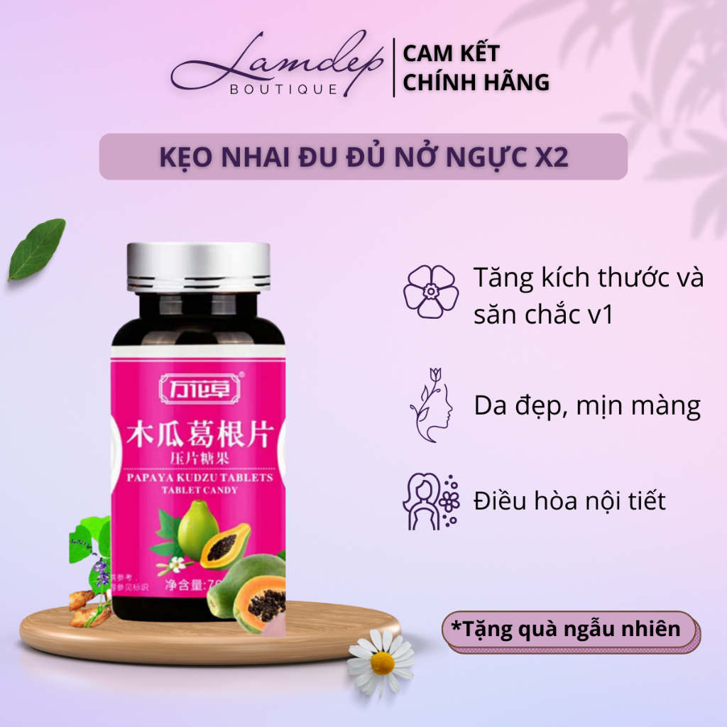 Kẹo Nhai Đu Đủ Nở Ngực X2 - Bổ Sung Collagen Cho Bầu Ngực, Mờ Thâm Nám, Đẹp Da (Hộp 70 Viên)