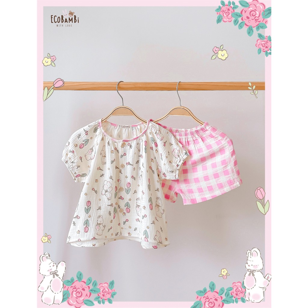 Bộ muslin tay phồng - quần shorts đáng yêu bé gái ECOBAMBI - BB-23BOBG053