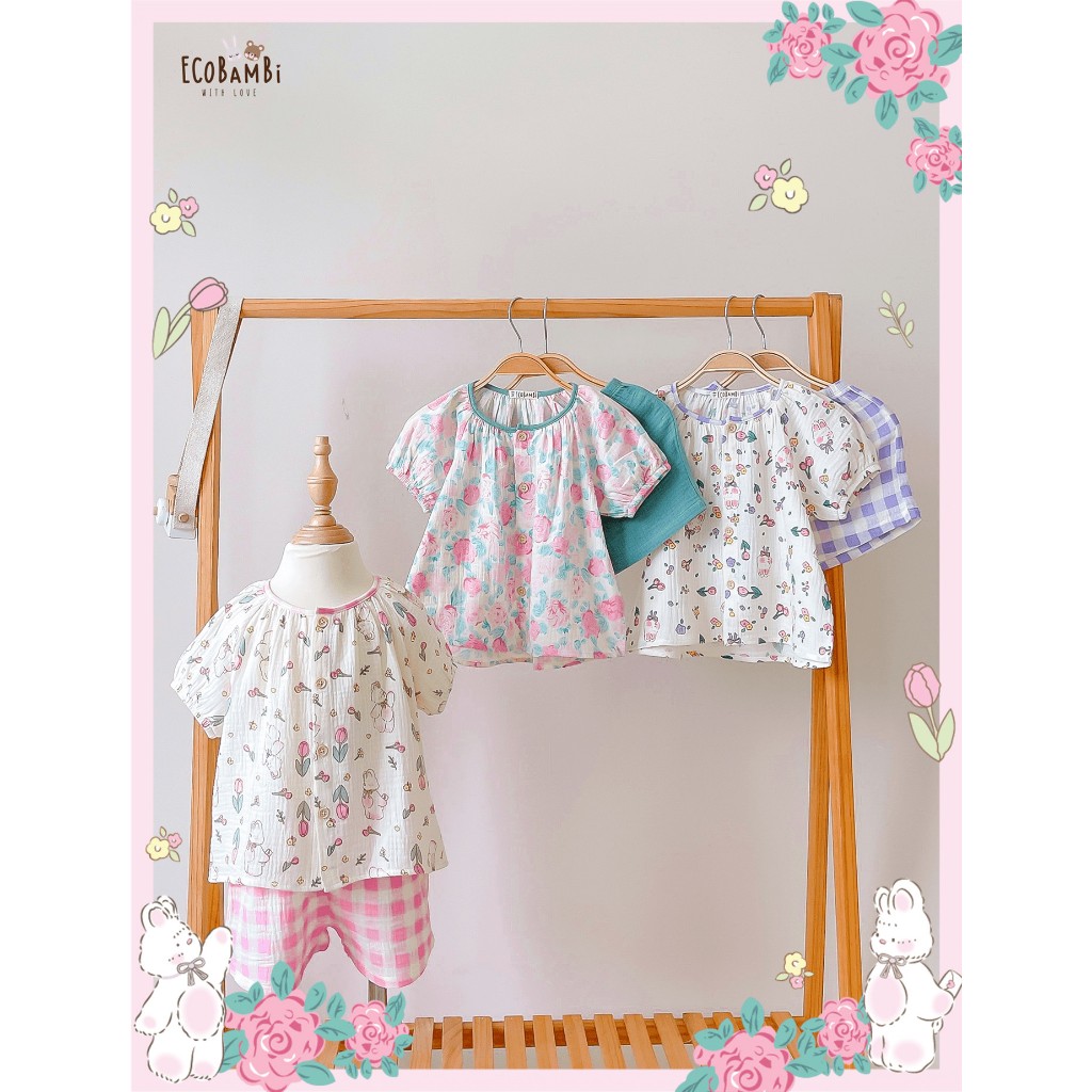 Bộ muslin tay phồng - quần shorts đáng yêu bé gái ECOBAMBI - BB-23BOBG053