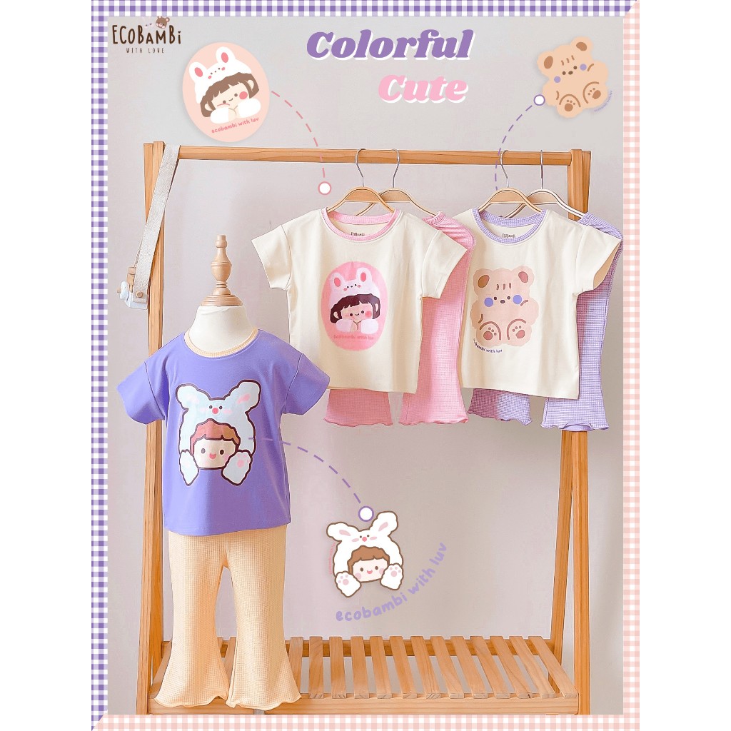 Bộ thun cotton tay ngắn, quần LỠ ỐNG LOE phong cách Hàn Quốc in hoạ tiết màu sắc dễ thương cho bé gái ECOBAMBI