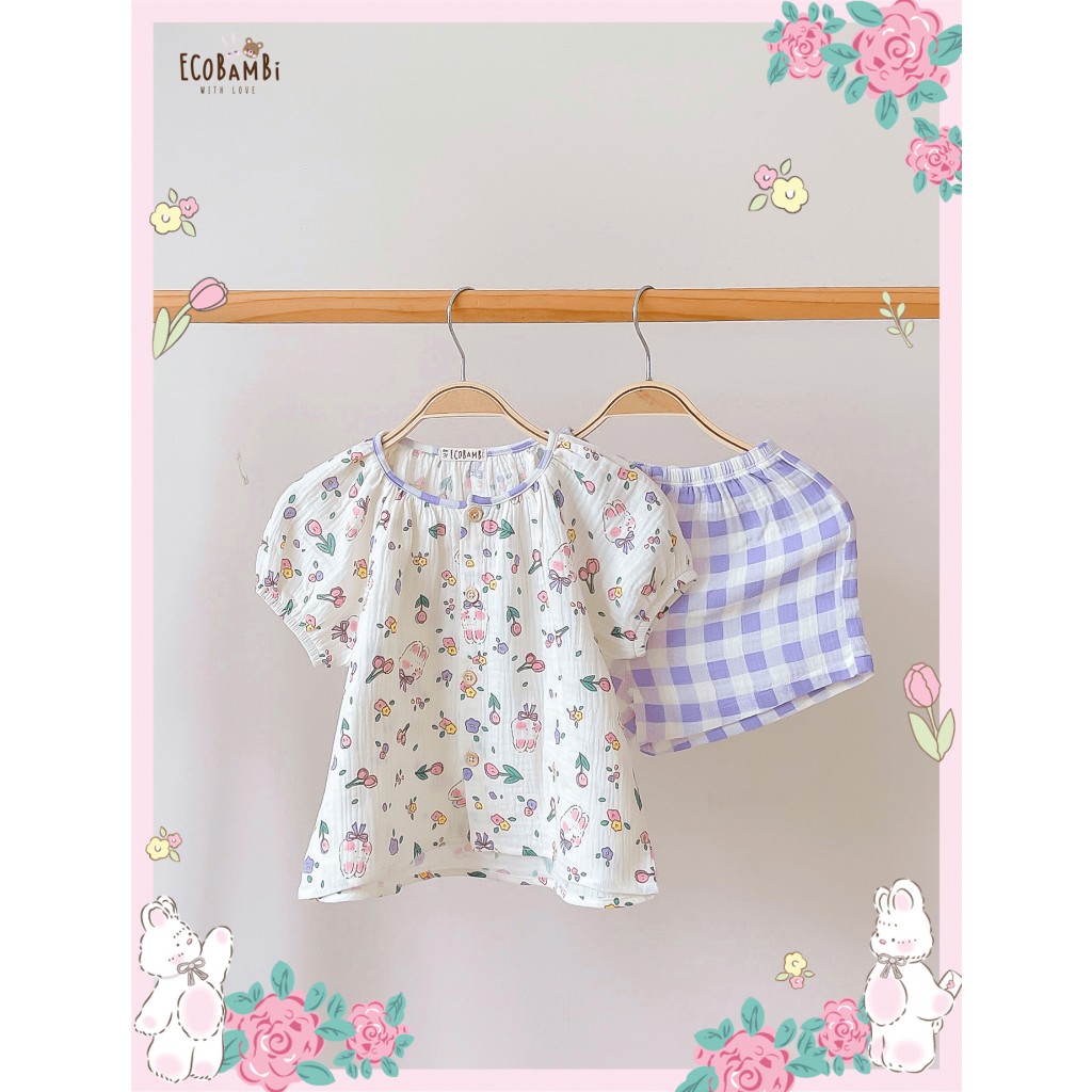 Bộ muslin tay phồng - quần shorts đáng yêu bé gái ECOBAMBI - BB-23BOBG053