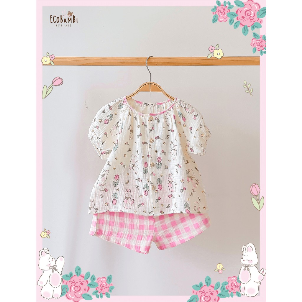 Bộ muslin tay phồng - quần shorts đáng yêu bé gái ECOBAMBI - BB-23BOBG053