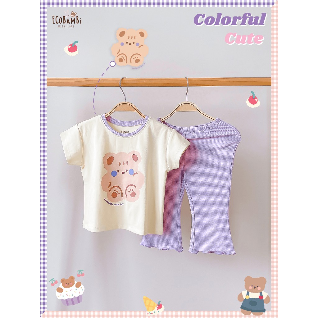 Bộ thun cotton tay ngắn, quần LỠ ỐNG LOE phong cách Hàn Quốc in hoạ tiết màu sắc dễ thương cho bé gái ECOBAMBI