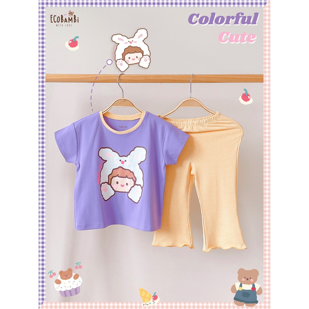 Bộ thun cotton tay ngắn, quần LỠ ỐNG LOE phong cách Hàn Quốc in hoạ tiết màu sắc dễ thương cho bé gái ECOBAMBI