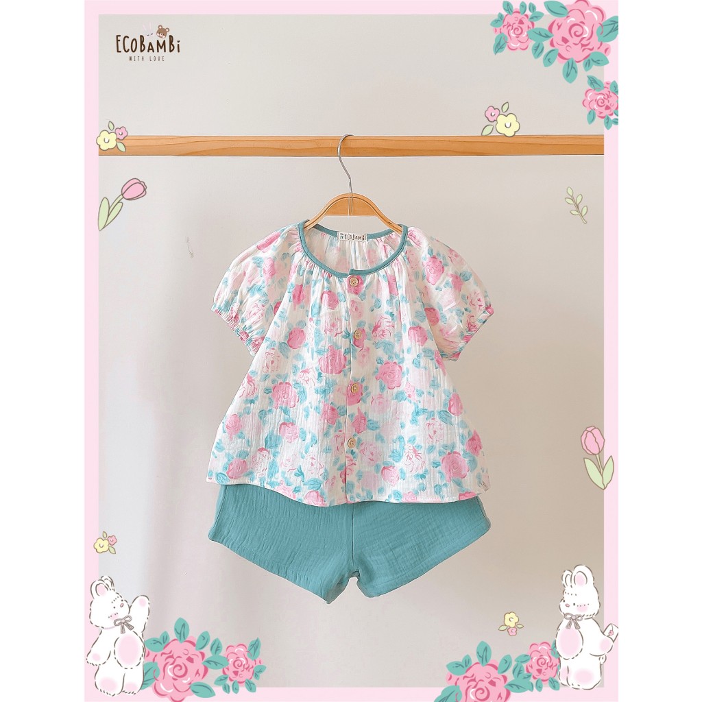 Bộ muslin tay phồng - quần shorts đáng yêu bé gái ECOBAMBI - BB-23BOBG053