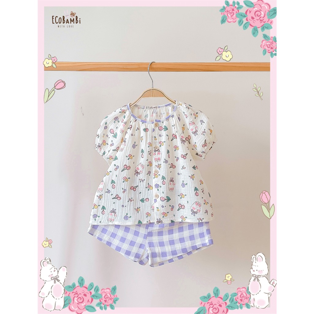 Bộ muslin tay phồng - quần shorts đáng yêu bé gái ECOBAMBI - BB-23BOBG053