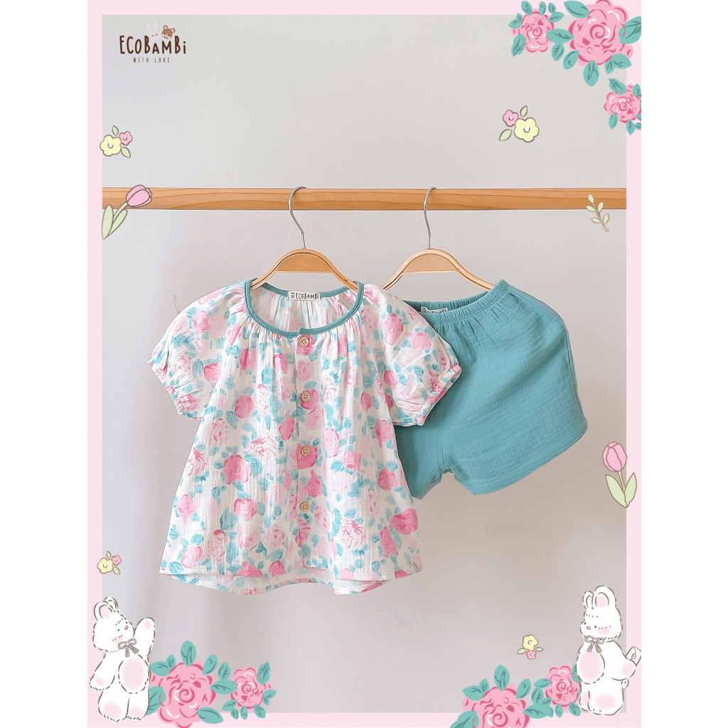 Bộ muslin tay phồng - quần shorts đáng yêu bé gái ECOBAMBI - BB-23BOBG053