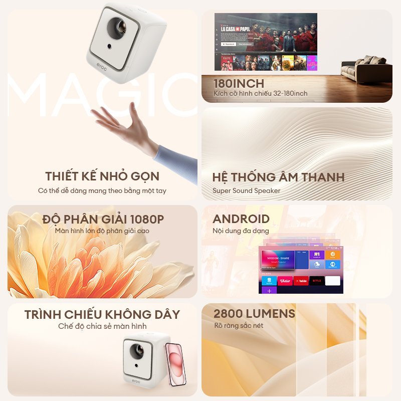 Máy chiếu mini Eroc MAGIC PRO Giải mã Full HD 2800 Lumens Android IOS Tương thích Netflix - Bảo hành 12 tháng