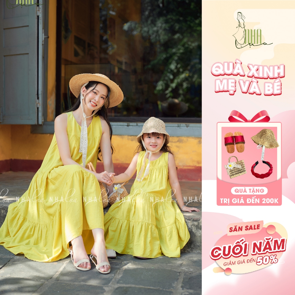 Váy đôi maxi mẹ và bé gái vải tơ Nhật Bích Điệp, Đầm maxi nữ đồ đôi mẹ con dáng suông form rộng - Nhà Lụa Kids