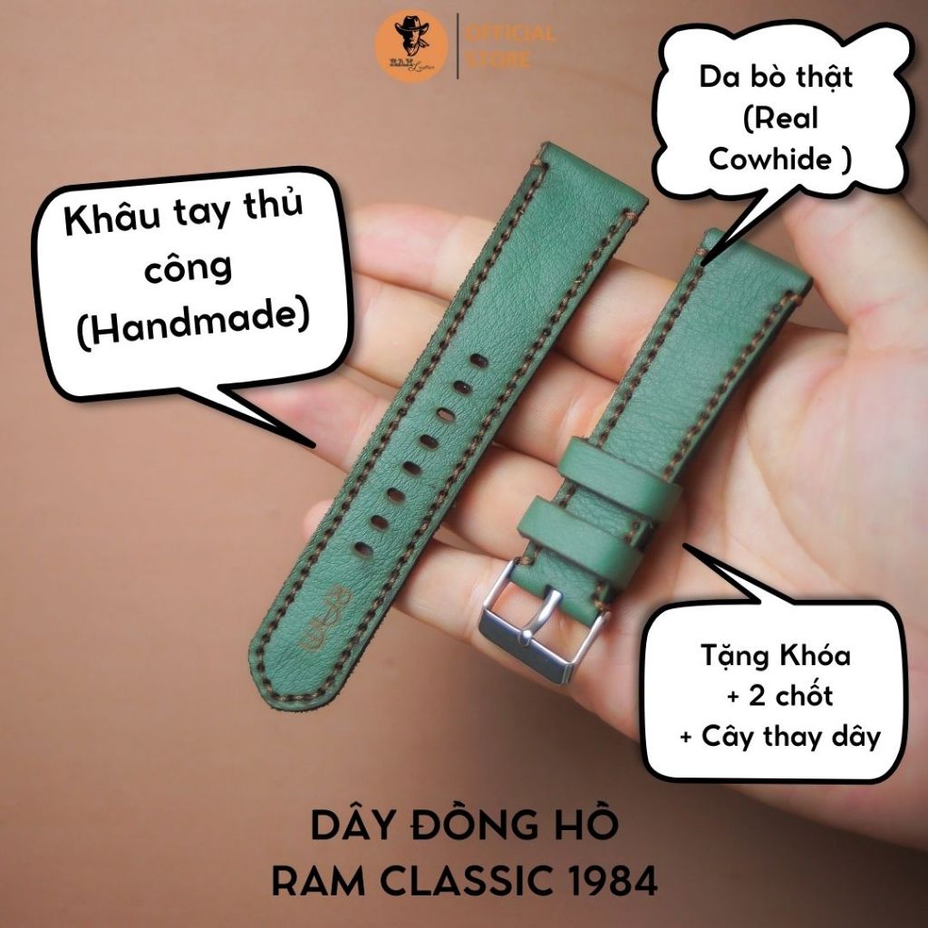 Dây Đồng Hồ Da Thật RAM Leather Cho Casio AE 1200 WHD và đồng hồ dây 18mm Da Bò Xanh Rêu RAM Leather 1984  Bền Đẹp
