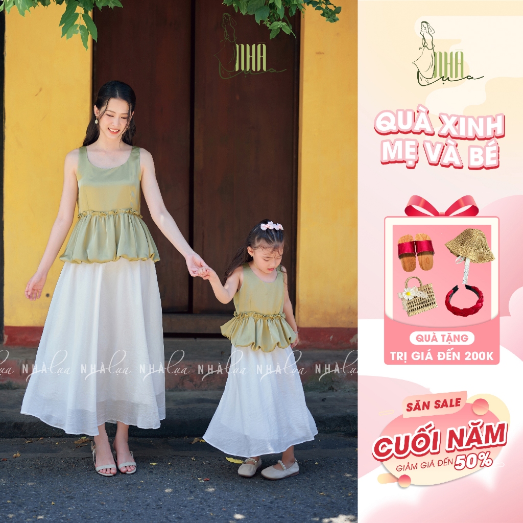 Set váy đôi mẹ và bé gái Ngọc Trân áo lụa TC, Đầm đôi mẹ con đi biển áo kiểu cộc tay kèm chân váy dài - Nhà Lụa Kids