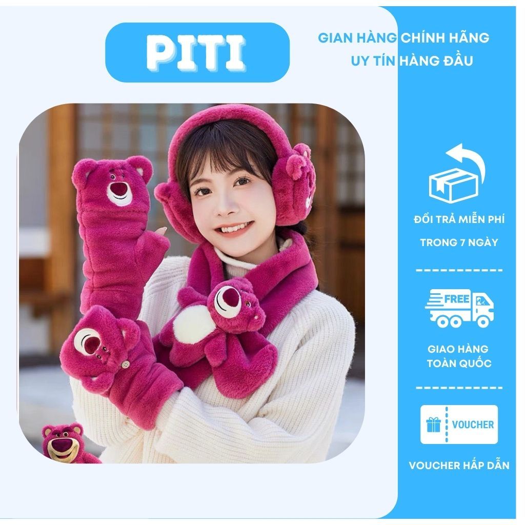 Combo Gấu Dâu 3 món PITI giữ ấm gồm găng tay khăn quàng và chùm tai cute dễ thương