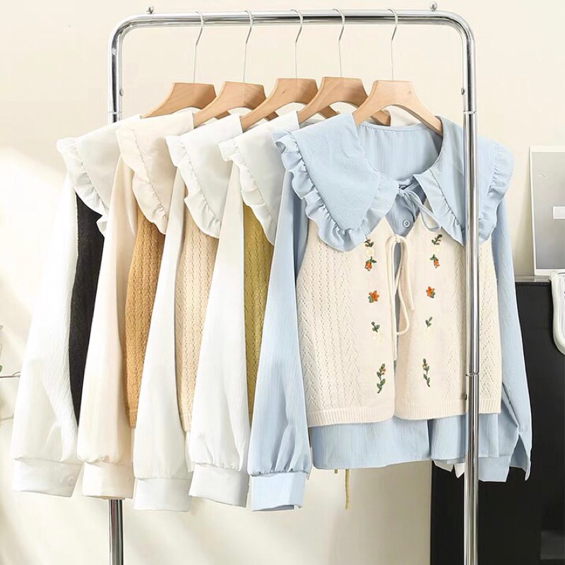 Set sơ mi bèo + gile siêu dễ thương phong cách tiểu thư bánh bèo