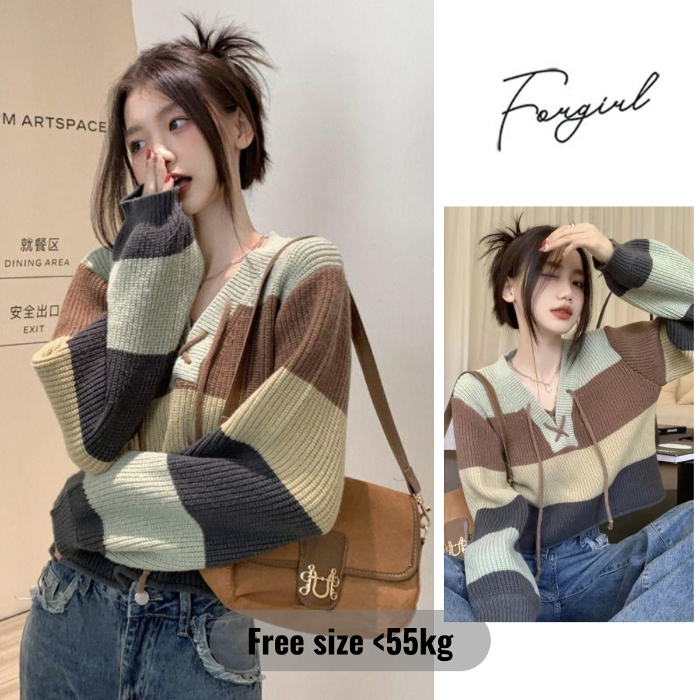 Áo len Forgirl sọc ngang nhiều màu cổ chữ V xỏ dây siêu hot 2023 FG122
