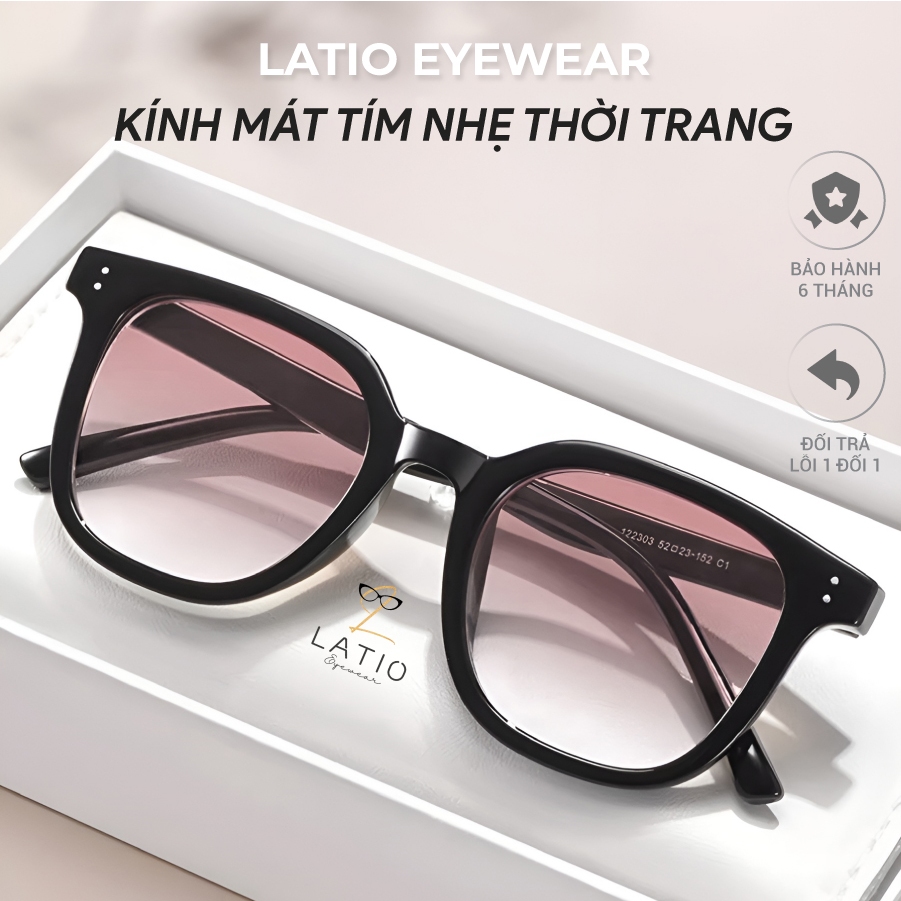 Kính mát LATIO Nam Nữ màu tím nhẹ thời trang Chống tia UV400 đường gọng đen bản to trendy nổi bật - KM42