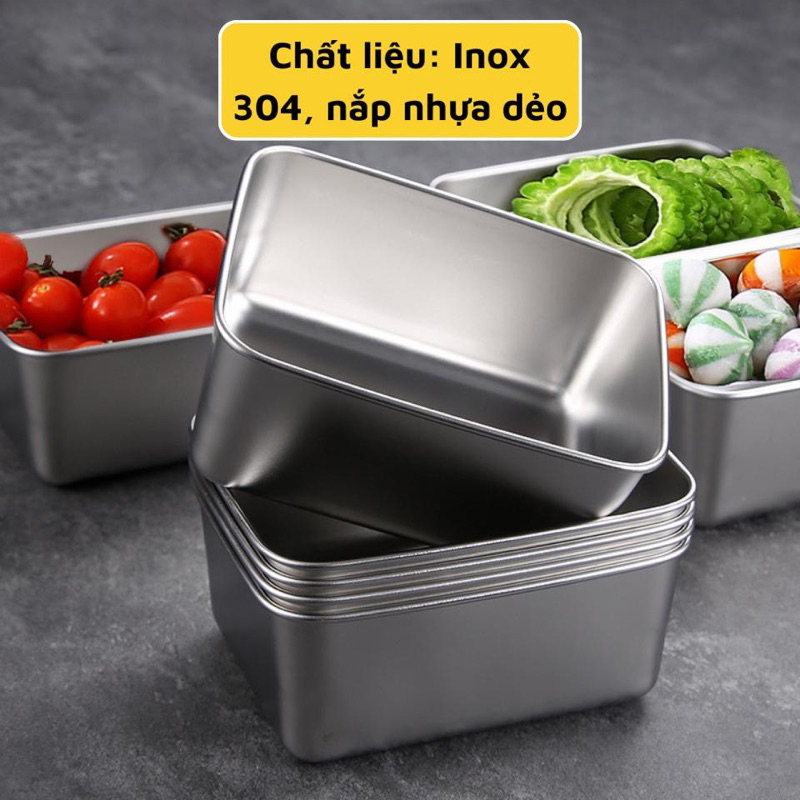 Hộp đựng thức ăn inox 304 size lớn có nắp đậy - khay inox đựng thực phẩm chống gỉ 20cmx25cmx6cm - Hàng loại đẹp
