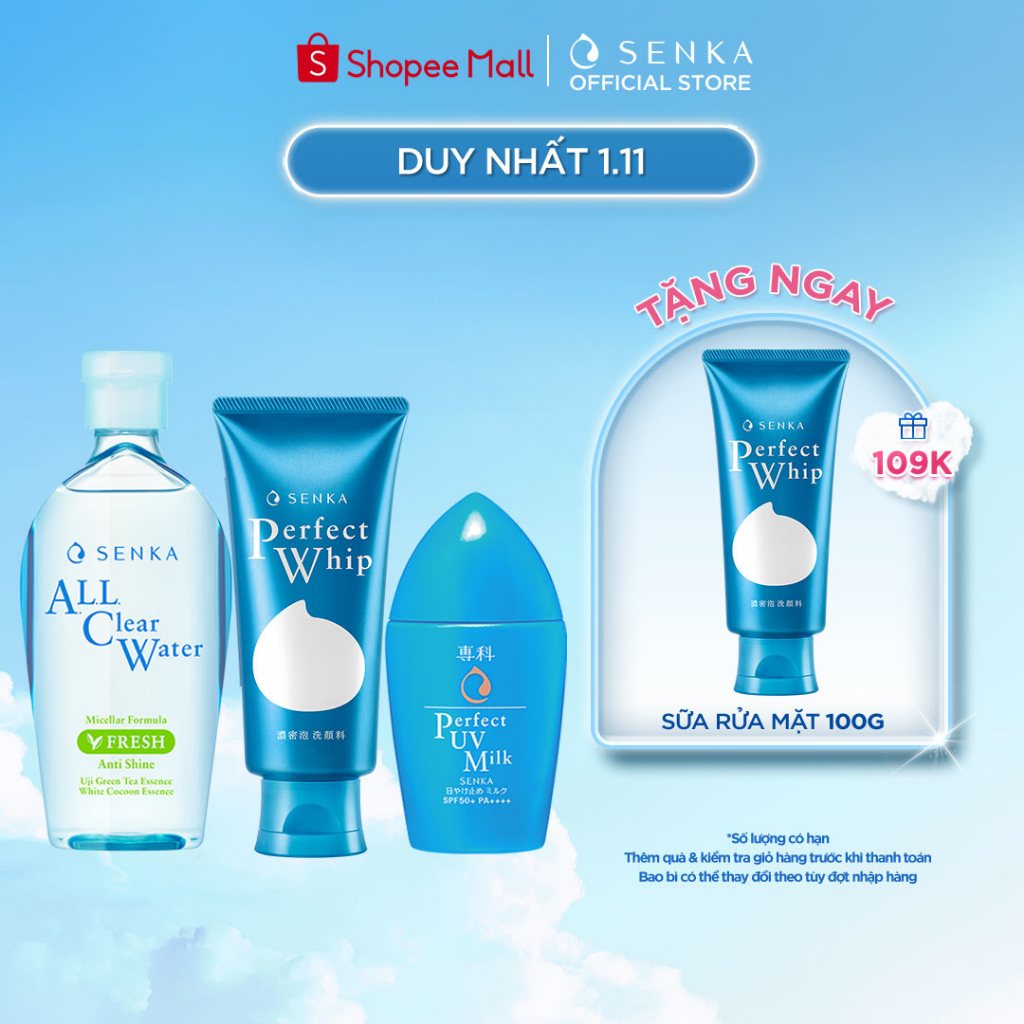 Combo Senka Làm Sạch Chống Nắng Kiềm Dầu Hoàn Hảo (Water Fresh 230ml + Perfect Whip 120g + UV Milk 40ml)