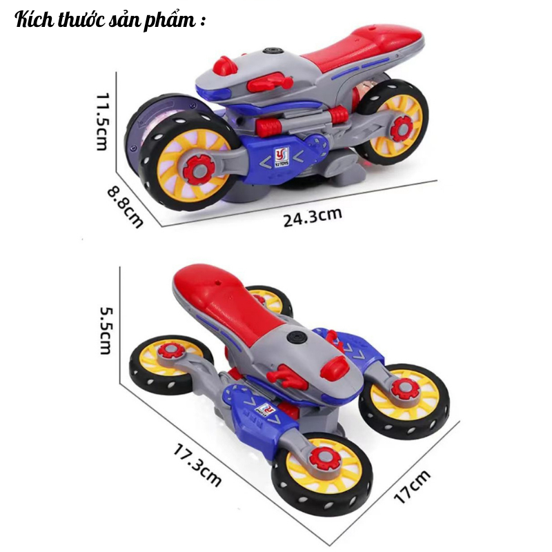 Đồ chơi xe Mô Tô, xe máy chạy pin biến hình xoay tròn 360 có nhạc và đèn led đẹp mắt  - Đồ chơi MiniKids